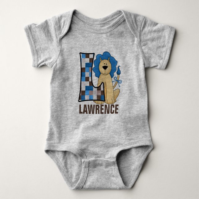 Kids "L" Monogram | Blue Patchwork Lion Baby Bodysuit (Front)