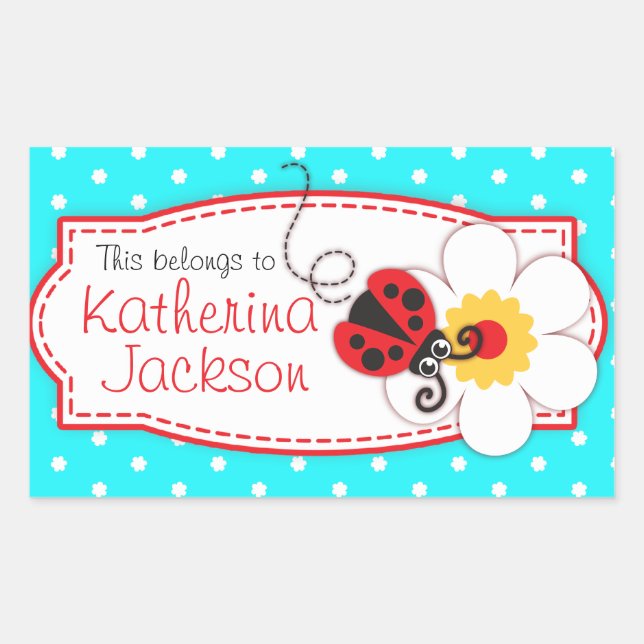 kids ladybug book plate id name aqua blue sticker (Front)
