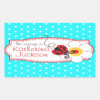 kids ladybug book plate id name aqua blue sticker