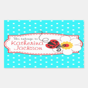 kids ladybug book plate id name aqua blue sticker
