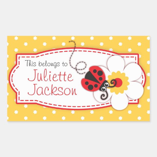 kids ladybug book plate id name yellow sticker (Front)