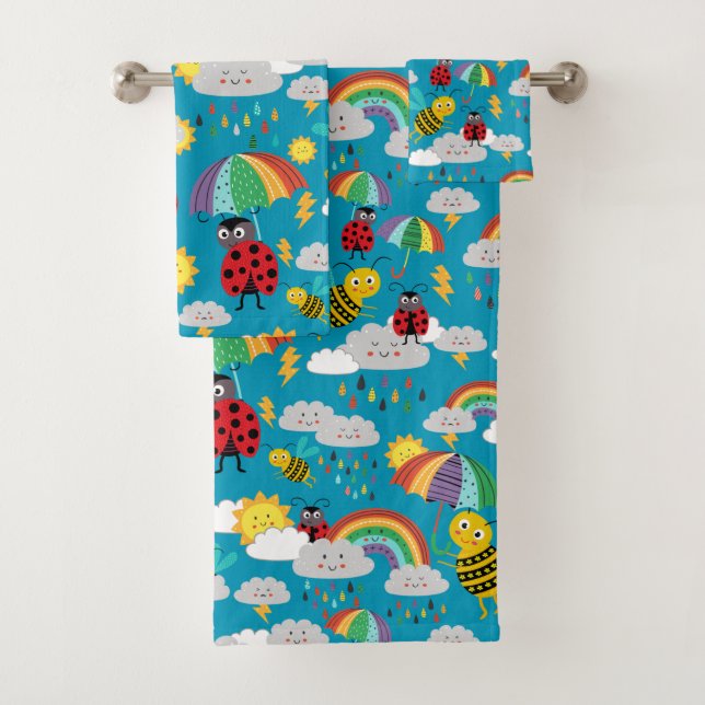 Kids Ladybug Bumblebee Rainbows Personalized Bath Towel Set (Insitu)
