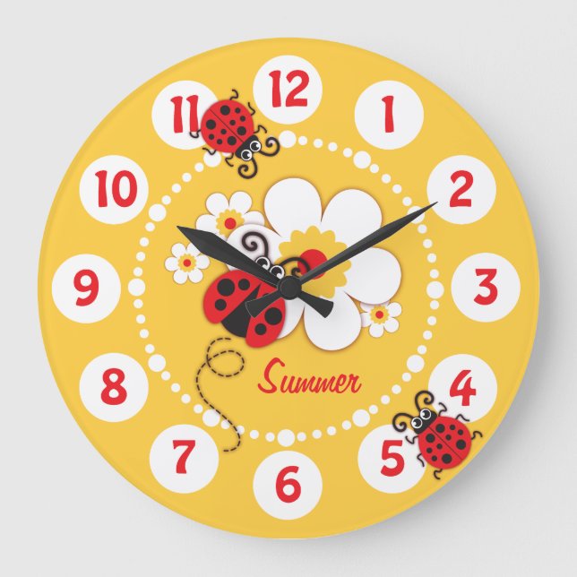 Kids ladybug & flower cute yellow girls wall clock (Front)