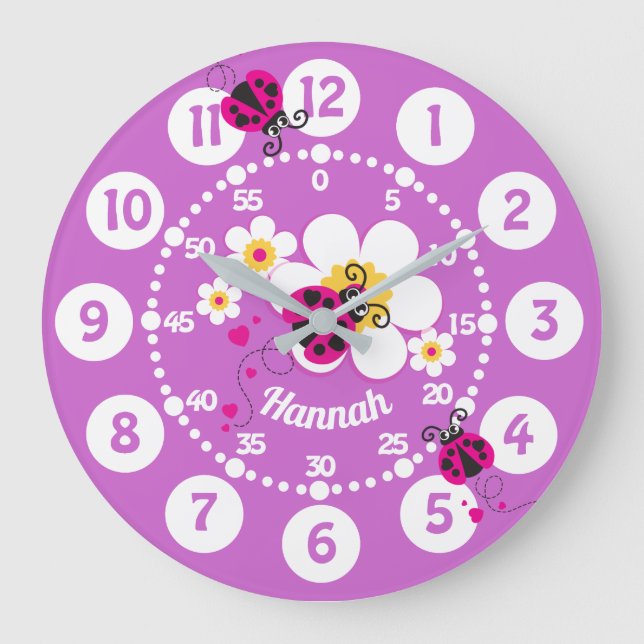 Kids ladybug & flower pink purple girls wall clock (Front)