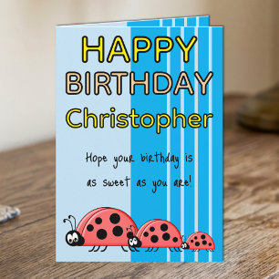 Kids ladybugs add name blue birthday card