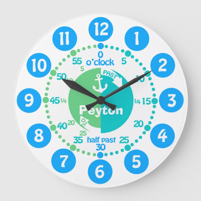 Kids learn time blue green aqua name clock (Front)