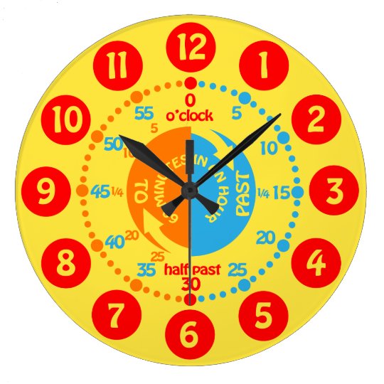 Kids learn to tell time yellow red blue wall clock | Zazzle.co.uk