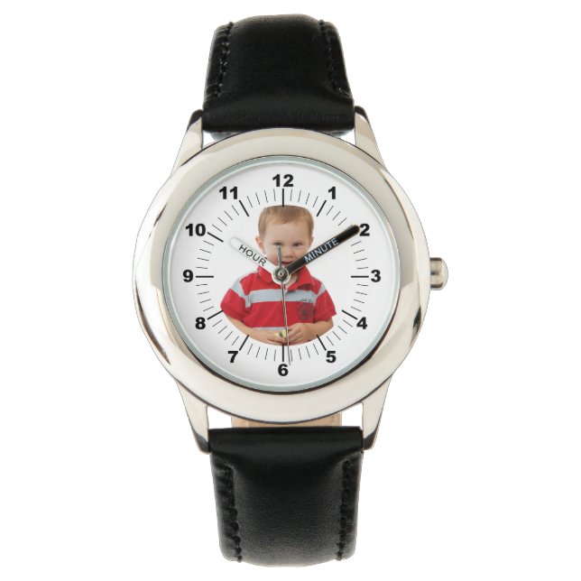 Kid's Leather Strap Watch - Personalised - Black (Front)