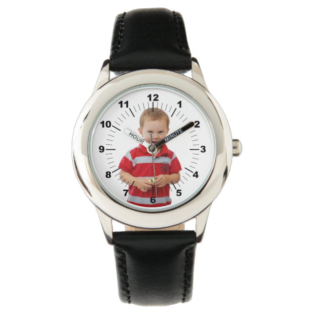 Kid's Leather Strap Watch - Personalised - Black (Front)