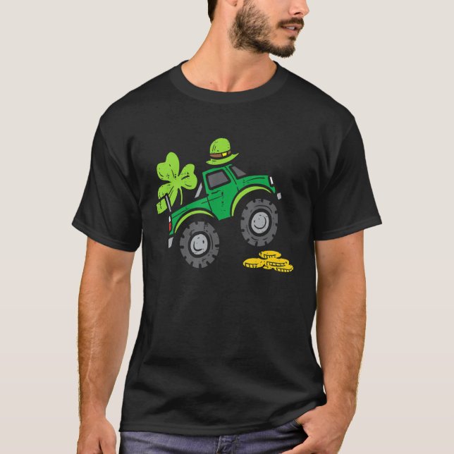 Kids Leprechaun Monster Truck Shamrock St Patrick  T-Shirt (Front)