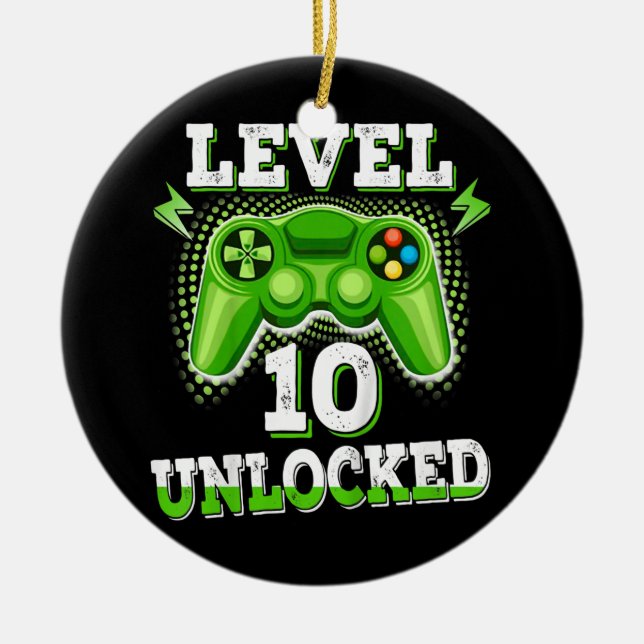 Kids Level 10 Unlocked Birthday Video Game 10th Ceramic Tree Decoration (Front)