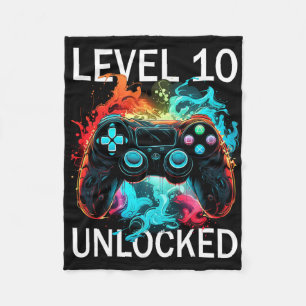 Kids Level 10 Unlocked Video Gamer Retro 10th Birt Fleece Blanket