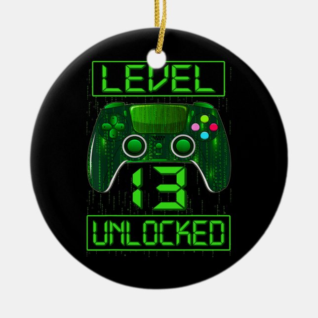 Kids Level 13 Unlocked Funny Video Gamer 13th Ceramic Tree Decoration (Front)