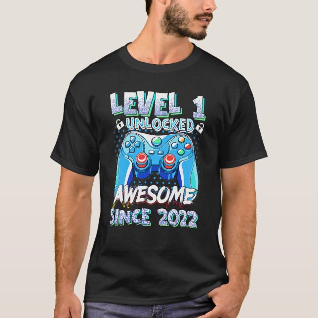 Kids Level 1 Unlocked Awesome Since 2022 Video Gam T-Shirt (Front)