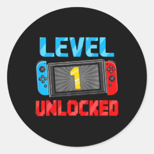 Kids Level 1 Unlocked Gamer 1st Birthday Gift Vide Classic Round Sticker