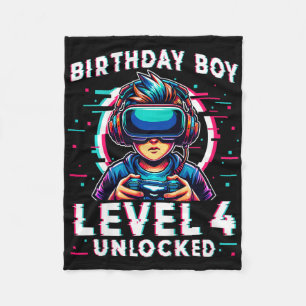 Kids Level 4 Unlocked 4 Years Old Birthday Gamer F Fleece Blanket