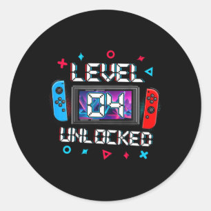 Kids Level 4 Unlocked Gamer 4th Birthday Gift Vide Classic Round Sticker