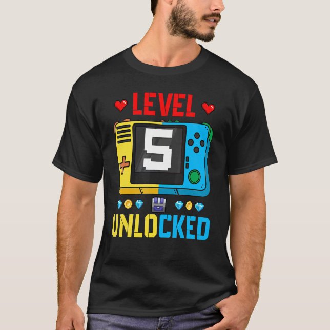 Kids Level 5 Unlocked 5th Birthday Gaming Awesome  T-Shirt (Front)