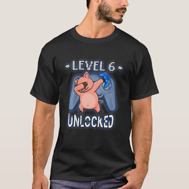 Kids Level 6 Unlocked 6 Year Old Dabbing Pig Gamer T-Shirt (Front)