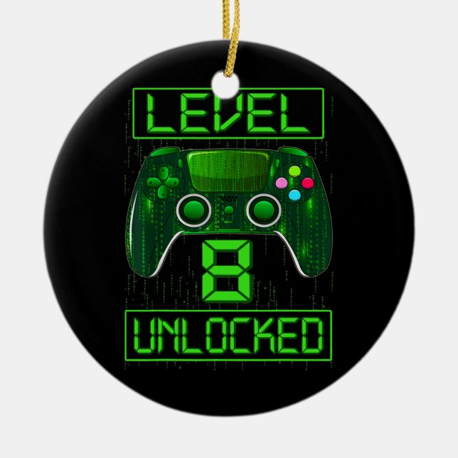 Kids Level 8 Unlocked Funny Video Gamer 8th Ceramic Tree Decoration (Front)