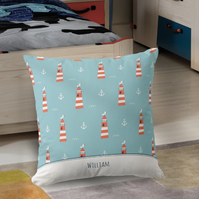 Kids Lighthouse and Anchor Pattern on Blue Cushion (Creator Uploaded)