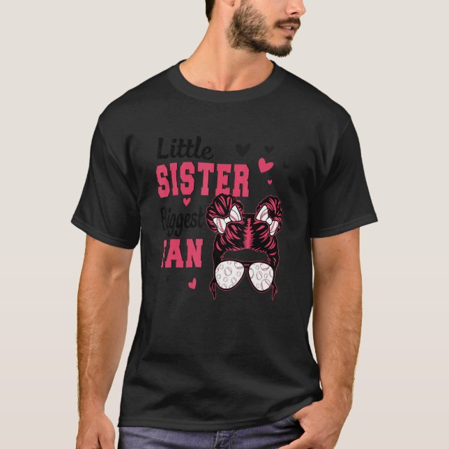 Kids Little Sister Biggest Fan Baseball Messy Bun  T-Shirt (Front)