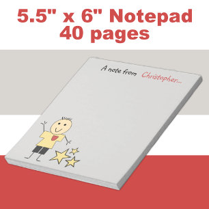 Kids little stick boy grey red yellow with name notepad