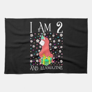 Kids Llama 2 Years Old Pink Llama 2nd Birthday Tea Towel