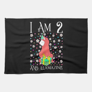 Kids Llama 2 Years Old Pink Llama 2nd Birthday Tea Towel