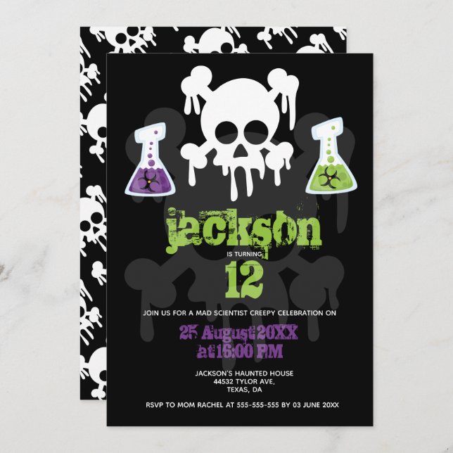 Kids Mad Scientist Creepy Scull Custom Birthday Invitation (Front/Back)