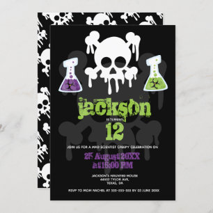 Kids Mad Scientist Creepy Scull Custom Birthday Invitation