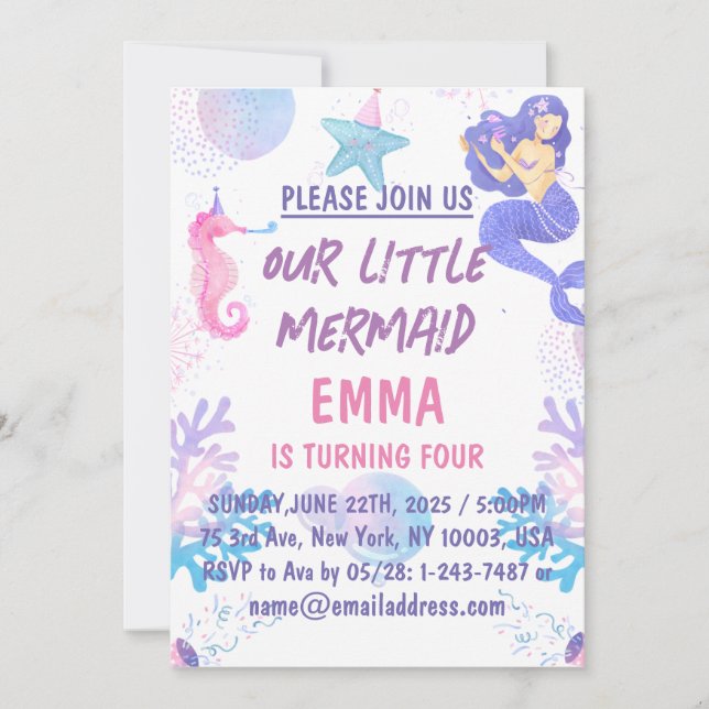 Kids Magical Mermaid Birthday Party Invitation (Front)