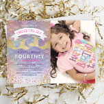 Kids Magical Mermaid Birthday Party Photo Invitation<br><div class="desc">Under the sea birthday invitations featuring a photo of your child,  a colourful pastel mermaid scallop pattern backdrop,  sparkly gold and pink glitter,  seaweed,  two gold glitter mermaid tails,  and a modern kids birthday party template that is easy to personalise.</div>