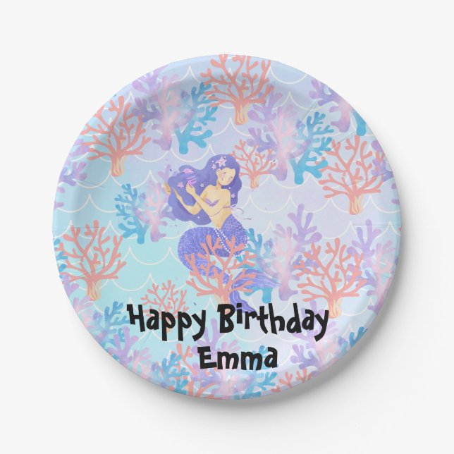 kids magical mermaid under the sea rainbow pastel  paper plate (Front)