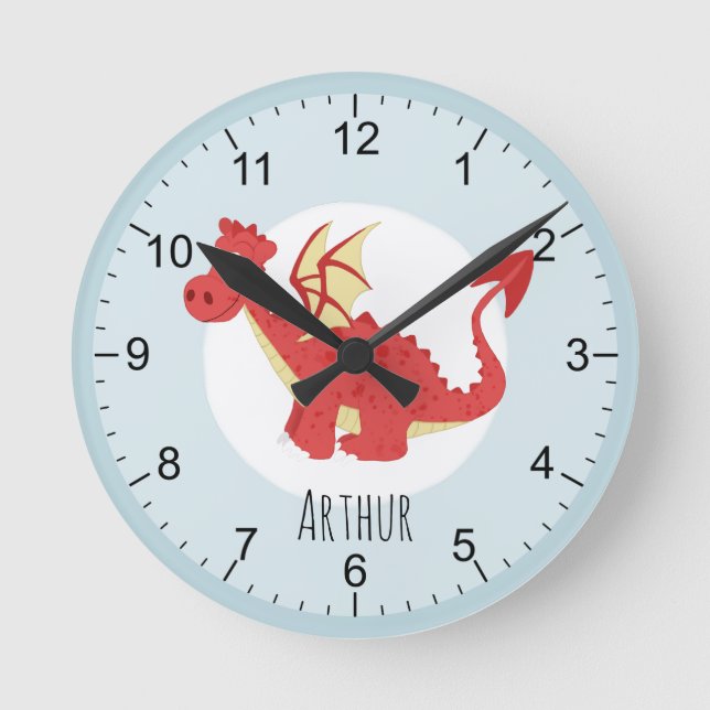 Kids Magical Red Welsh Dragon Cartoon Boys Nursery Round Clock (Front)