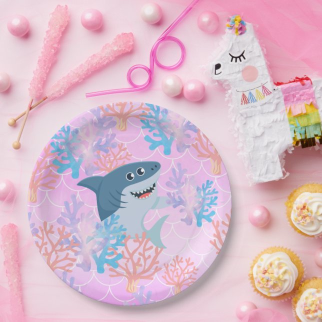kids magical shark under the sea rainbow gradient  paper plate (Party)