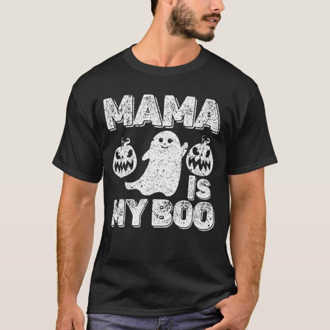 Kids Mama Is My Boo Scary Pumpkin Ghost Halloween T-Shirt (Front)
