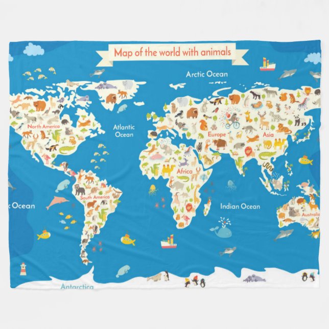 Kids Map of the World With Animals Fleece Blanket (Front (Horizontal))