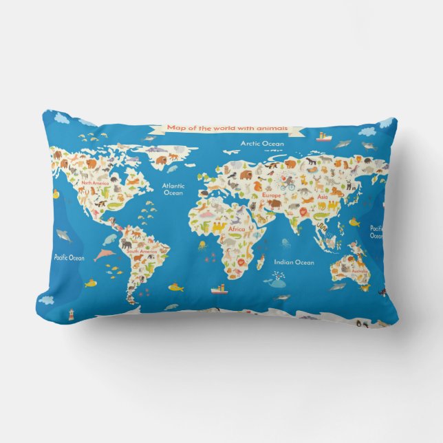 Kids Map of the World With Animals Lumbar Cushion (Front)