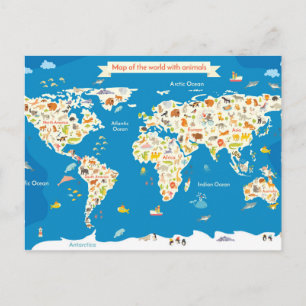 Kids Map of the World With Animals Postcard