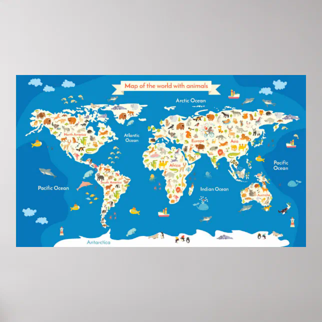 Kids Map of the World With Animals Poster | Zazzle
