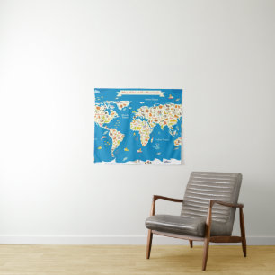 Kids Map of the World With Animals Tapestry
