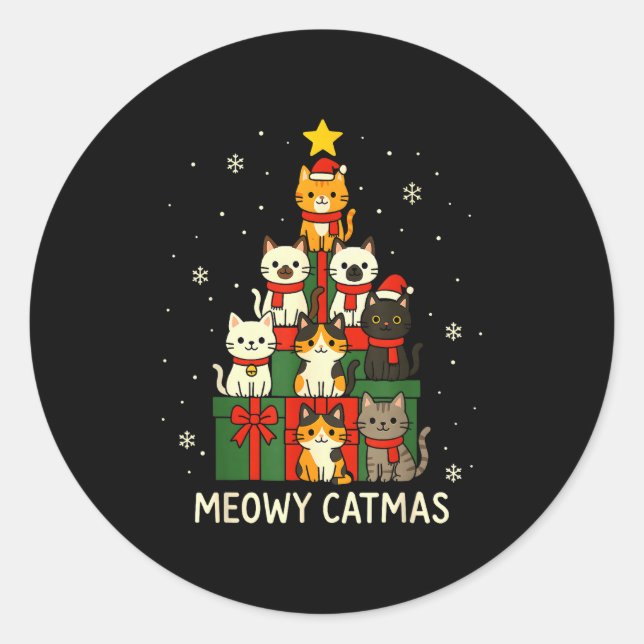 Kids Men Women Meowy Catmas Funny Christmas Cats C Classic Round Sticker (Front)
