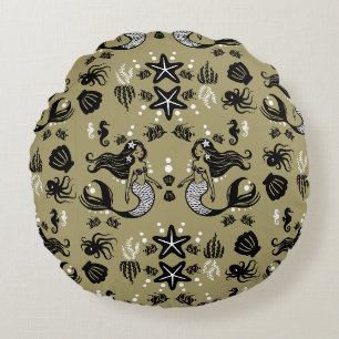 Kids Mermaid Gold Beach Round Cushion