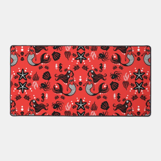 Kids Mermaid Red Pink Desk Mat (Front)