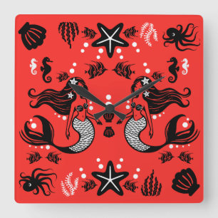 Kids Mermaid Red Pink Square Wall Clock