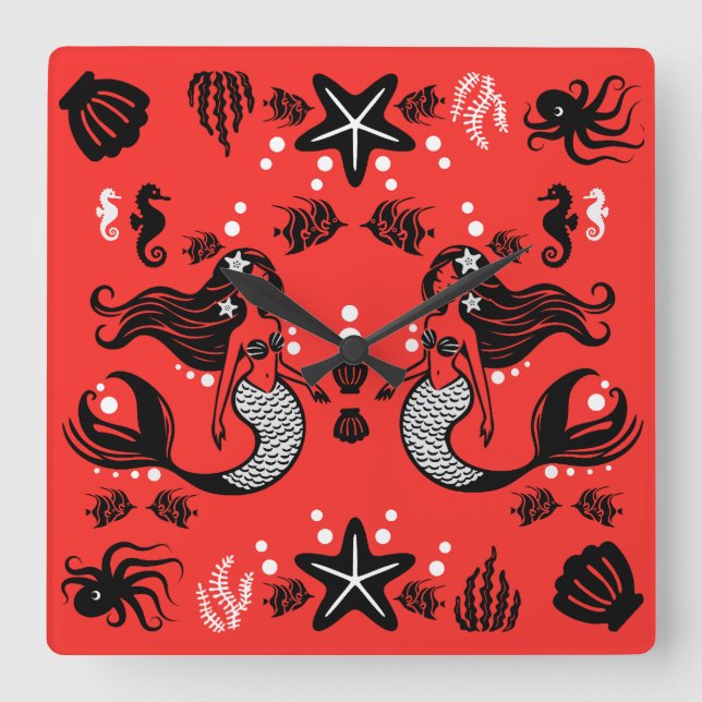 Kids Mermaid Red Pink Square Wall Clock (Front)