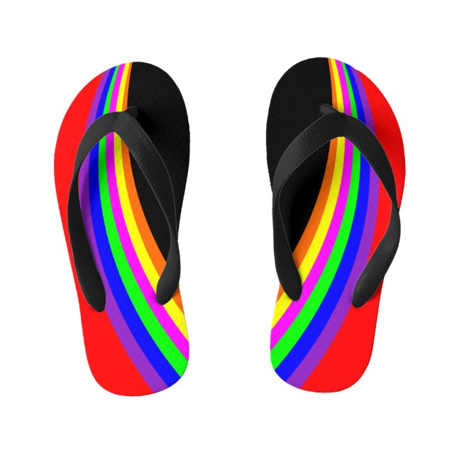 Kids Modern Geometric Rainbow Colour Stripe Red Kid's Flip Flops (Footbed)