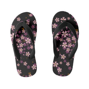 Kids Modern Lavender Purple Wild Flowers on Black Kid's Flip Flops