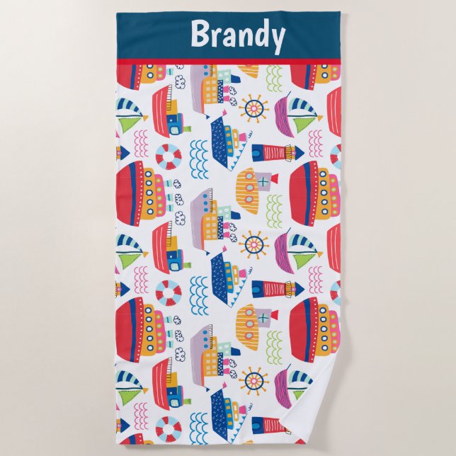 Kids Monogrammed Boats Beach Towel (Front)